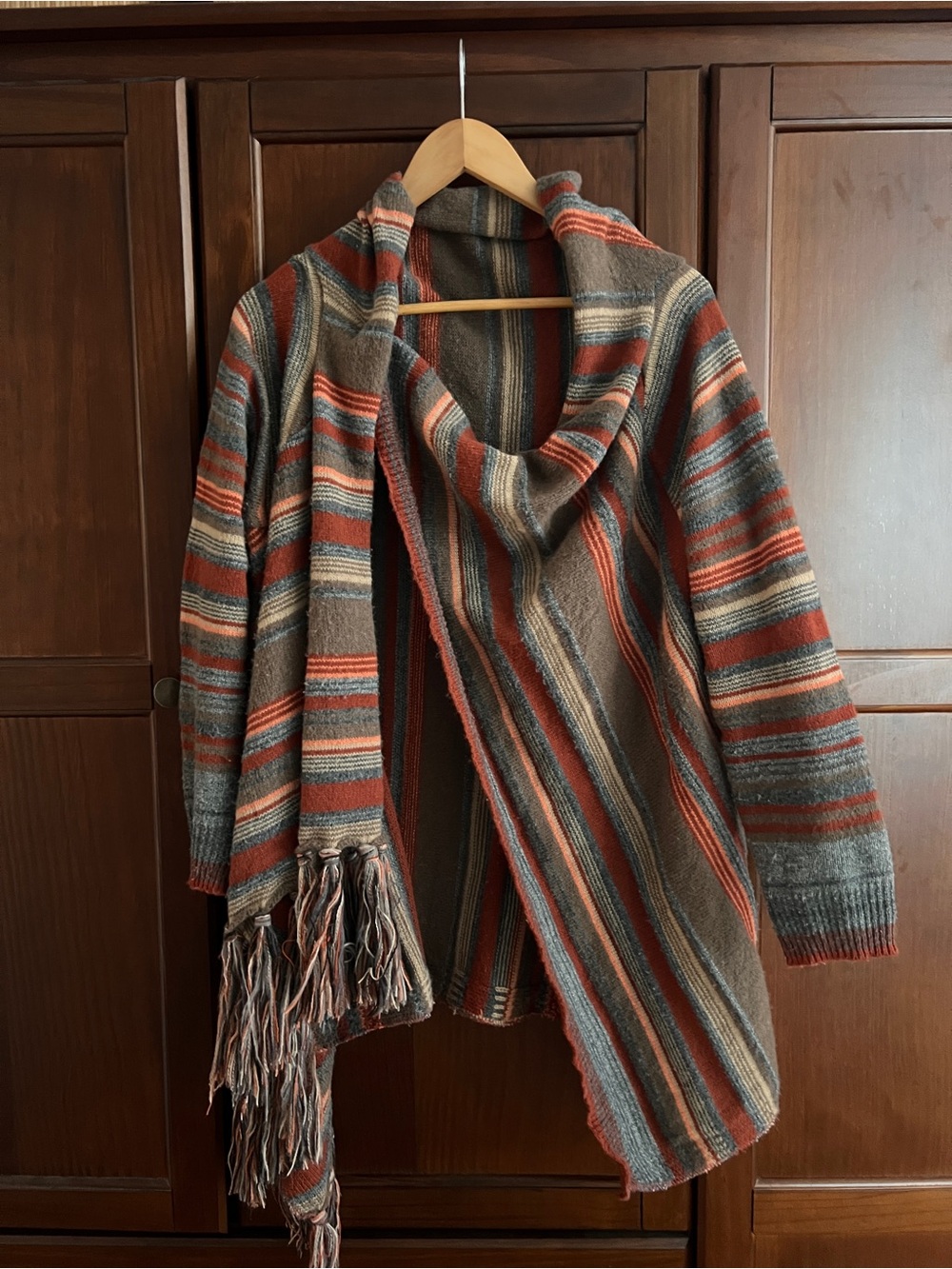 Autumn Boho Striped Draped Fringe Cardigan Sweater Earth Tone Rust Brown M